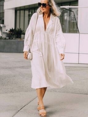 L'Academie Solid White The Celina Linen Blend Midi Dress